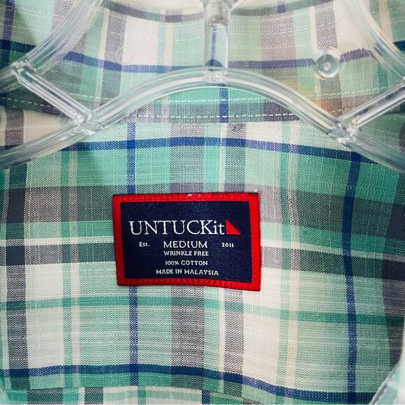 Untuckit green white plaid button front office preppy shirt top medium - Picture 5 of 6